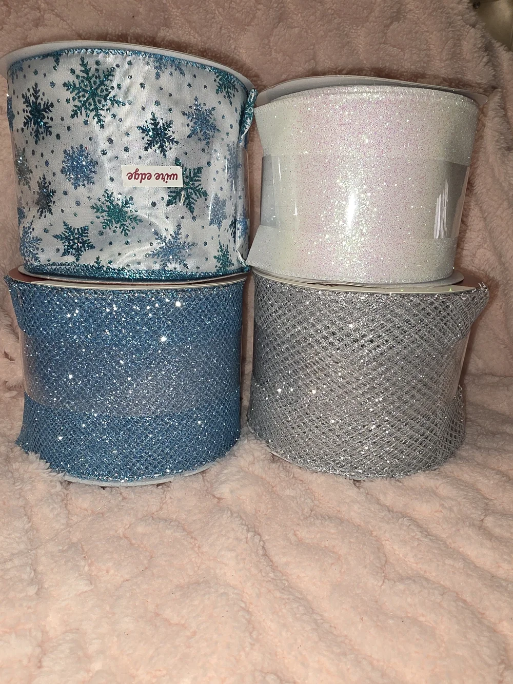 Assorted Glitter & Snowflake Ribbon Bundle - Blue, White, Silver - (Brand: )